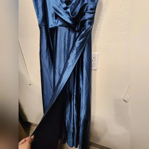 Lulus Shades of Love Teal Blue Satin Faux-Wrap Maxi Dress Wedding Party Prom - Picture 8 of 12